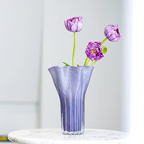 8'' Blown Glass Flower Vase for Home Wedding Modern Centerpieces Decorative (Purple) - color: Purple Wave