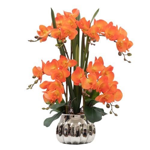 CXGS Artificial Orchid Flower Real Touch Faux Orchids in Ceramic Vase Large 22.9'' Fake Flowers Orange Phalaenopsis Floral for Home Indoor Decor - color: Orange- Silver (Large Pot)