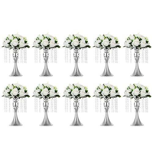 NUPTIO 10 Pcs Tabletop Metal Wedding Flower Vase, 10.2in/26cm Height Vases for Centerpieces Silver Crystal Flower Stand for Anniversary Ceremony Party Birthday Event Aisle Home Decoration - color: Silver, size: 10 x S