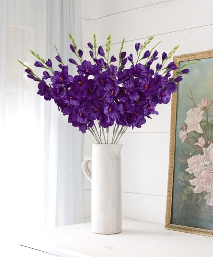 IPOPU 10 PCS Gladiolus Artificial Flowers 30.3 in Silk Gladiolus Flowers with Stems Faux Flower for Home Wedding Office Decoration(Dark Purple) - color: Dark Purple
