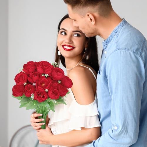 8 Pack Red Peonies Artificial Flowers, Fake Silk Hydrangea Bouquet for Bridal Wedding Home Table Decor Reusable Dining Opening Ceremony Birthday Arrangement Faux Floral - color: Red
