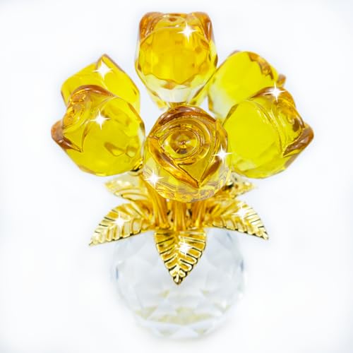 TWINKLING Crystal Roses Figurine with Round Vase, Glass Rose Crystal Flowers Bouquet, Birthday, Anniversary,Wedding, Home Décor,Gold Leaf (Yellow) - color: Yellow(gold Leaf)