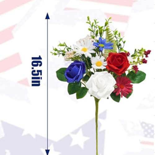 Patriotic Artificial Flower Bouquet Red White and Blue Roses and Daisies 4th of July Independence Day Memorial Day Table Centerpiece Holiday Party Art Decoration Supply