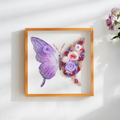 ADDWel Preserved Real Rose Butterfly Shadow Box - 12x12 3D Handmade Eternal Flower Wall Art, Unique Birthday Anniversary Purple Gifts for Women, Mom, Wife, Grandma - color: Preserved Roses - Butterfly Roses