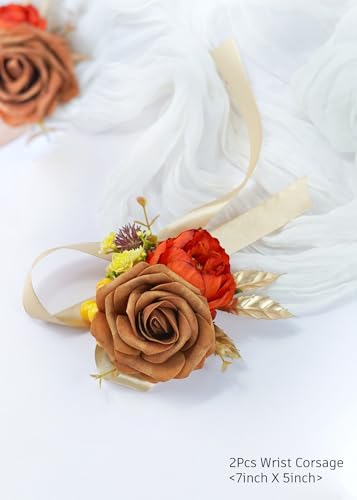 Set of 2 Wrist Corsage Wristlet for Wedding Bridesmaid Mother Grandmother for Bridal Shower Wedding Artificial Roses Flower Prom Burnt Orange Cream Yellow - color: Burnt Orange