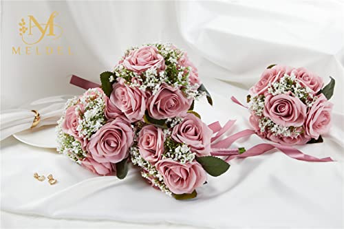 Bridesmaid Bouquets - Set of 4, 6.5 Inch Small Bridesmaid Bouquet Set - Artificial Rose Wedding Flowers - Floral Centerpieces - color: 18020-bean-paste-purple-4pcs