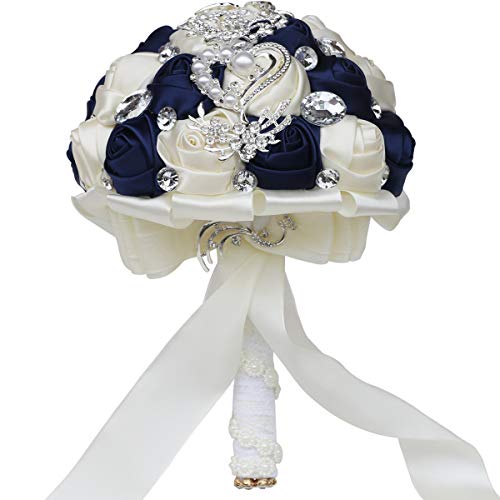 Wedding Bouquets Crystal Satin Rose Bride Bridal Bouquet Romantic Bridesmaid Holding Flower for Valentine's Day Confession Party Church Decor (Navy Creamy) - color: Navy Creamy