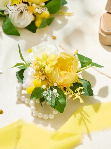 Serwalin 2 Pcs Wrist Corsage, 6-7 Inch Yellow Corsage for Wedding, Bridesmaid Mother Grandmother, Artificial Flowers for Prom Ceremony Anniversary - color: Yellow, size: Corsage-2pcs