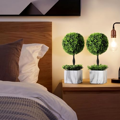 Lewondr 16'' Artificial Topiary Ball Tree, Small Potted Fake Plants, Artificial Boxwood Plants with White Planter Pot, Outdoor Indoor Realistic Faux Shrubs Tree for Home Office Porch Decor, Set of 2 - size: 2 Pack