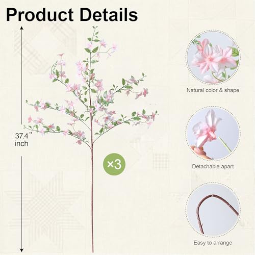 Fake Flowers, 3 Pcs Artificial Flowers Greenery Stems Faux Greenery Stems Branches for Vases Realistic Silk Real Touch Spring Greenery Stems Bulk Bedroom Office Wedding Table Summer Home Decor - color: Pink