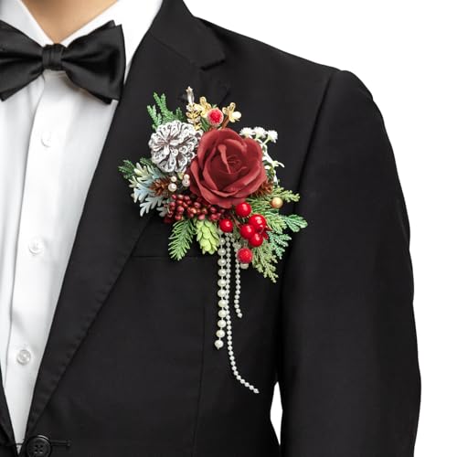 TINGE TIME Single Pocket Boutonniere for Man Groom, Best Man Boutonniere for Wedding, Prom, Homecoming, Anniversary, Graduation, Christmas Dinner (Christmas Red) - color: Xmasred