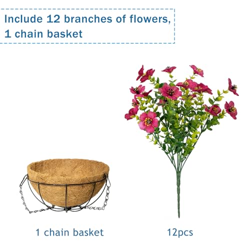 Artificial Hanging Flowers for Outdoors with Basket,UV Resistant Realistic Faux Hanging Plants Outdoor Artificial Flowers for Outdoors Basket for Yard Porch Patio Home Decor,12 Bundles(Rose Red) - color: Rose Red