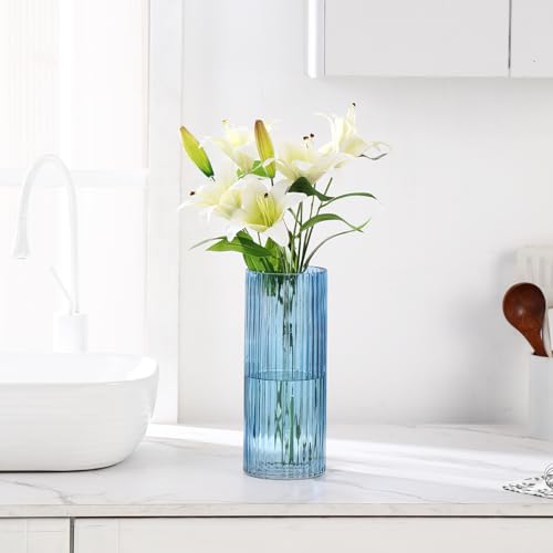 Blue Glass Vase, Glass Flower Vase, Ribbed Glass Vases, Blue Vase, Tall Cylinder Vases for Centerpieces, Living Room, Bedroom, Dining Table, Office, Wedding, Bookshelf Decoration, 12 Inches - color: Blue, size: 12''