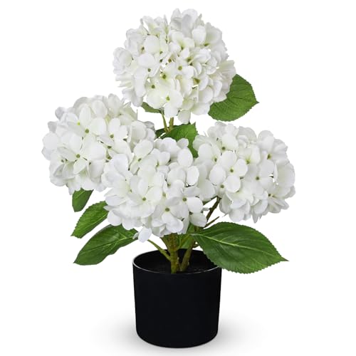 Hollyone White Hydrangea Artificial Flowers in Pots 19.7" Four-Head Faux Silk Hydranges Flower Arrangements for Indoor Home Office Kitchen Table Centerpieces Wedding Decorations - color: White, size: 4 Head Hydrangea