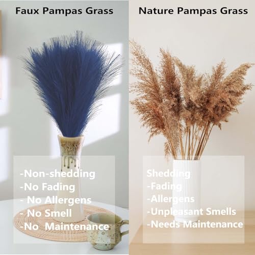 Blue Pampas Grass Decor, 30 Pcs 17" Navy Blue Artificial Faux Pampas Grass Stems, Fluffy Fake Bulrush Floor Vase Filler Flower Arrangement for Boho Home Wedding Office Decoration - color: Blue