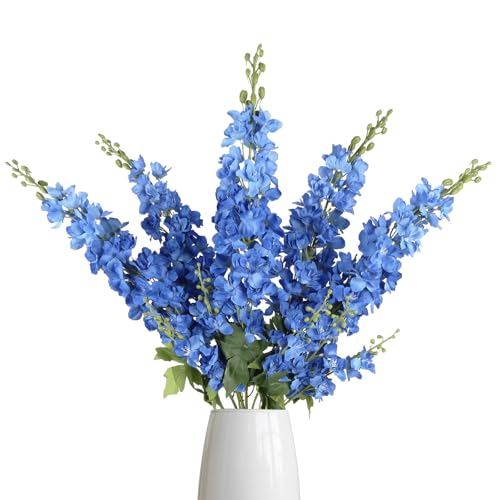 IPOPU 43.3" Royal Blue Delphinium Artificial Flowers 5PCS Faux Delphinium Flowers Larkspur Long Stem Artificial Flowers for Wedding Table Centerpieces Home Garden Decor(Royal Blue) - color: Dark Blue