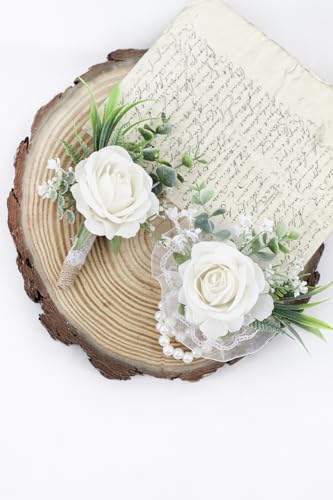 Ansofi Ivory White Corsage and Boutonniere Set Artificial Rose Flower Wrist Corsage and Boutineers for Groom Groomsmen Bride Bridesmaids Prom Rustic Vintage Wedding Decor - color: Ivory White