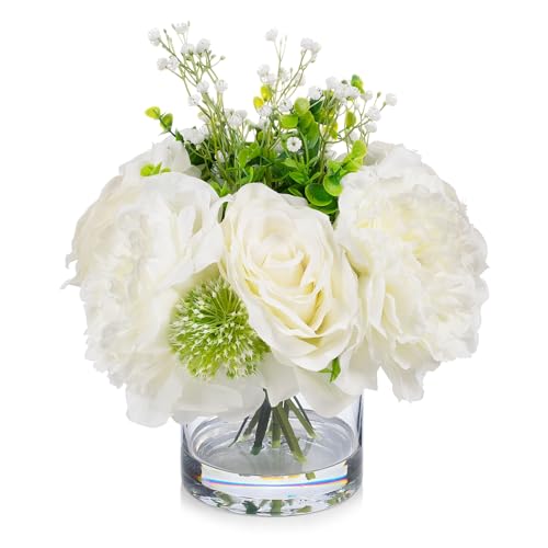ENOVA FLORAL Artificial Rose Flowers in Vase, Mixed White Rose and Silk Peonies in Vase with Faux Water for Dining Table Centerpieces, Home Decor Indoor (FL-158-Cream) - color: Fl-158-cream
