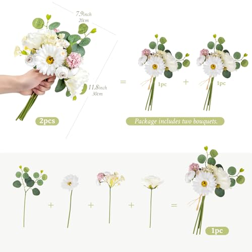 Zerzsy Artificial Flower Small Bouquet, 2 Bouquets Mixed Pink Artificial Peonies, Fake Flowers Bride Holding Flower Faux Flora Vase Decorating for Bride Spring Home Desk Table Centerpiece Decor - color: White-4, size: 2 Bouquets