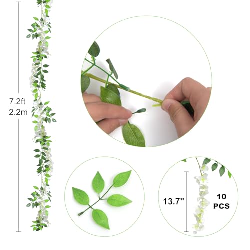 Findosom Wisteria Artificial Flowers Garland, 15Pcs Total 108FT White Wisteria Hanging Flowers, Flower Garland Decorations for Home Garden Outdoor Ceremony Wedding Arch Decoration - color: White, size: 15 PCS