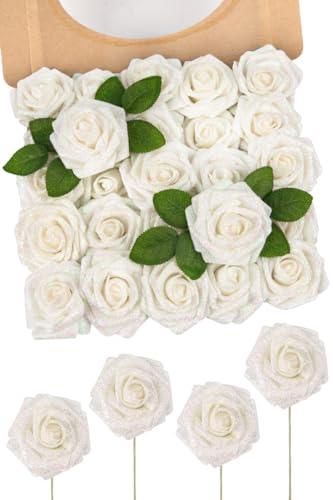 N&T NIETING Artificial Flowers Glowing White Flowers Foam 50pcs Glitter Roses Real Looking Fake Roses with Stem for DIY Wedding Bouquets Centerpieces Bridal Shower Party Home Decorations - color: Glitter White, size: 50pcs