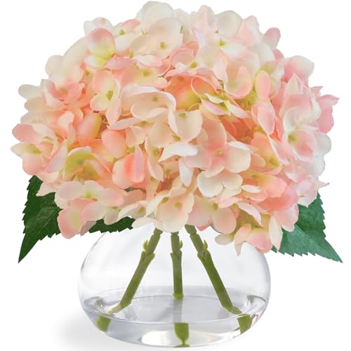 Hydrangea Artificial Flowers in Glass Vase, Powder Silk Fake Flowers Silk Centerpiece Table Decorations for Dining Room， Coffee Table Decor，Wedding, Home with Faux Water Decor（Pink） - color: Pink