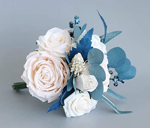 MOJUN Set of 2 Bridesmaid Wedding Bouquets, Artificial Rose Dusty Blue Flowers for Bride, Romantic Valentine's Day Party - color: Dusty Blue Bouquet B 2pack