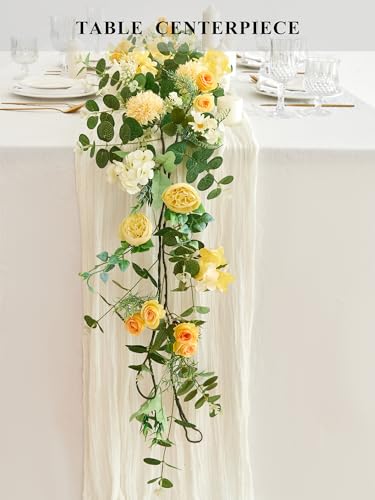 MISSPIN 5.9Ft Eucalyptus Garland with Flowers, Artificial Fake Flower Greenery Spring Garland for Baby Shower Wedding Mantle Table Centerpiece Spring Decor - color: Yellow
