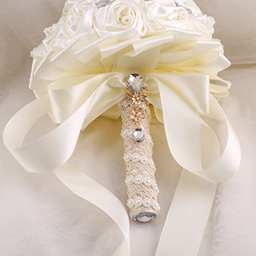 Handmade Brooch Wedding Flowers Bridal Bouquets Crystal Bride Holding Bouquet White Ivory Satin Roses with Diamond Pearl Ribbon (Luxury-Glod) - color: Gold
