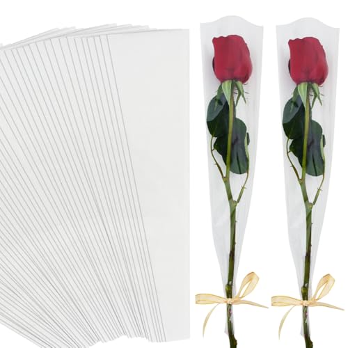 BEISHIDA 100 PCS Single Rose Sleeve Bouquet Bags Plastic Single Flower Wrapping Rose Packaging For Mother's Day Graduation Wedding Birthday Valentine's Day Party (Transparent) - color: Fully Transparent, size: 1 count (Pack of 100)