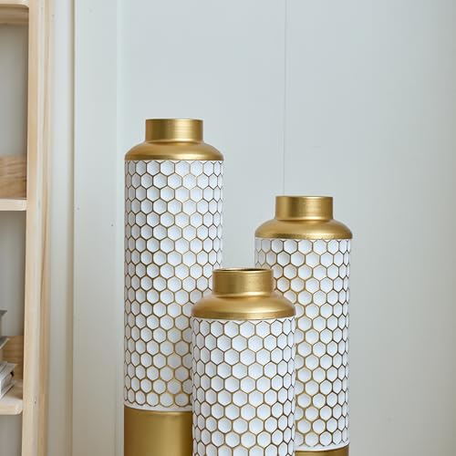 Metal Floor Vases Decorative, Set of 3 Flower Arrangement Stand, Gold＆White Hexagon Metal Floor Vases for Living Room, Bedroom & Entryway, 32.6", 28.34", 24" H (Gold＆White Hexagon) - color: Gold＆white Hexagon