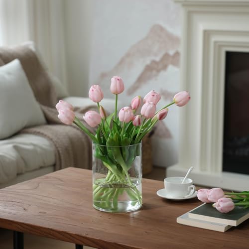 mizii 15Pcs Pink Tulips Artificial Flowers Latex Plastic Real Touch Fake Tulips Flowers Look Real Faux Tulip Flower Bouquet Decoration for Vase Room Table Centerpieces Home Decor (Light Pink) - color: Light Pink