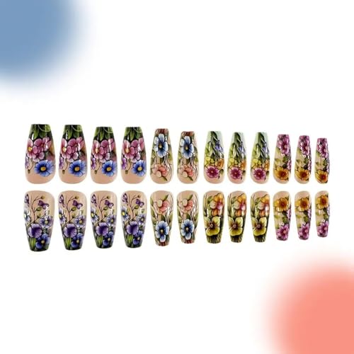 Flower Press on Nails Medium Square Fake Nails Colorful False Nails with Floral Designs Flowers Glossy Stick on Nails Full Cover Glue on Nails Spring Acrylic Nails for Women Girls 24 Pcs - color: Flower Square32
