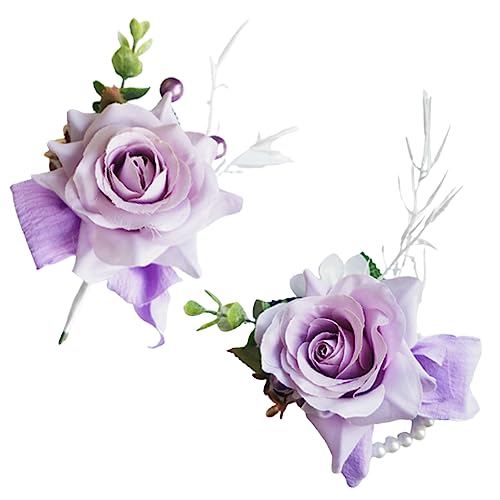 Wrist Corsage and Boutonniere Set for Bride Groom Bridesmaids Groomsmen Wedding Homecoming Flowers Prom Suit Accessories, Rose Boutonniere and Corsage Wristlet Flower - color: Big-purple