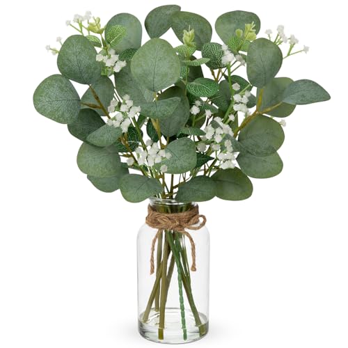 Briful Artificial Eucalyptus Stems with Baby Breath Flowers in Glass Vase with Faux Water, 14" Fake Plant Eucalyptus Leaves for Home Farmhouse Wedding Centerpiece Bathroom Décor - color: White