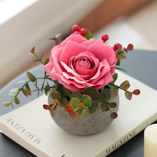 mizii DIY Small Artificial Flowers Potted Kit Fake Flower Realistic Silk Rose and Greenery with Vase for Gifts Table Centerpiece Mantle Office Desk Shelves Living Room Decorations (Pink) - color: Pink