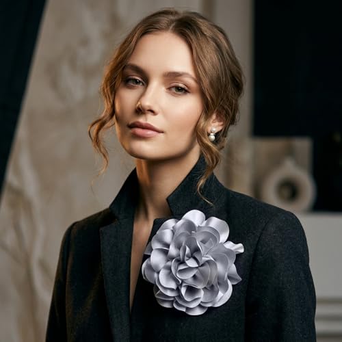6.3” Large Rose Flower Brooches and Pins for Women - Flower Brooch, Hair Clips for Women & Rose Hair Clip | Fashion Accessories for Dresses, Hats, Clothes & Lapel Wear - Silver Grey - color: Silver Grey