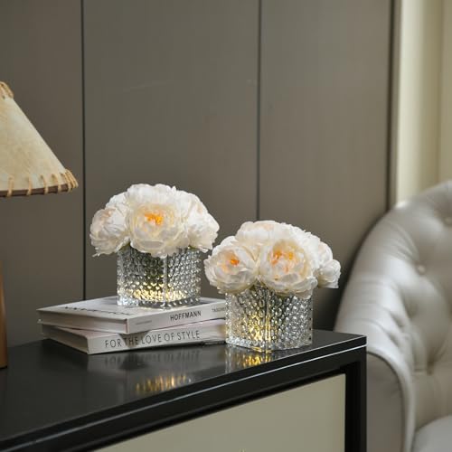 Artificial Peony Silk Flower Centerpieces with LED Light Faux Floral Arrangement in Glass Vase for Home Wedding Table Decoration (Cream White) - color: Light-cream White