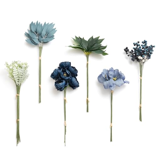 Ling's moment Artificial Greenery Stems Box Set, 59pcs with 8 Kinds of Faux Greenery Picks for DIY Bridal Bouquets Wedding Floral Arrangement Table Centerpieces, Dark Green & Navy - color: Blu-dark Green & Navy