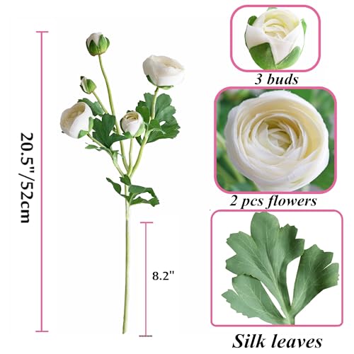 5PCS Artificial Ranunculus Flowers White Silk Flowers Leaves Real Touch Branches Stems Spray for Home Garden Office Decoration Wedding DIY Arrangements (White) - color: White