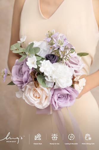 Ling's moment Light Purple Artificial Wedding Flower Bouquets for Bridesmaids White Floral Bouquet Lilac Bridal Bouquets for Bridesmaids with Ribbon Ceremony Anniversary,7-inch Diameter - color: Prpl-gold & Lilac