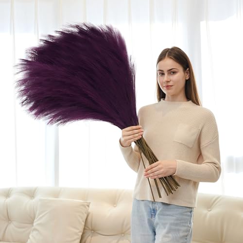 10 Pcs 39''/3.2FT Faux Pampas Grass Decor, Large Tall Fluffy Artificial Fake Flower, Bedroom Decor Boho Decor Pompas Floral for Vase Filler Farmhouse Home Wedding Decor (Purple) - color: Purple