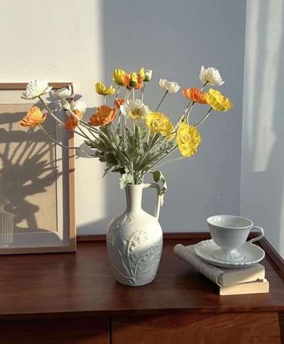Set of 6 Multicolour Artificial Poppy Flowers, Silk Flowers with Stems for Vase Arrange for Wedding Party Home Office Indoor Kitchen Dining Table Centerpiece Decoration (White Yellow Orange) - color: White Yellow Orange