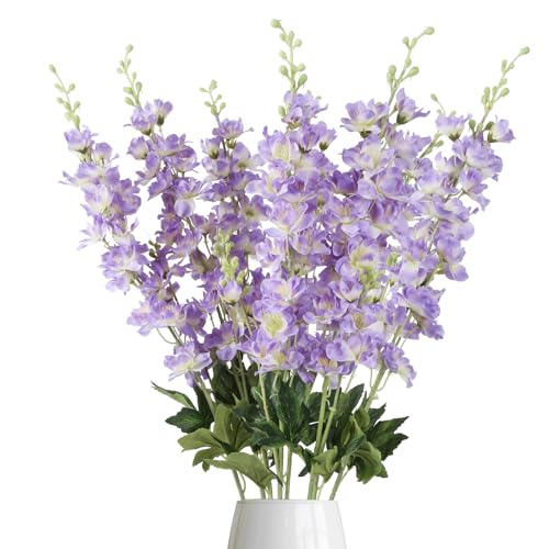 8PCS Purple Delphinium Artificial Flowers 33.5'' Faux Delphinium Bulk Long Stem Silk Larkspur Flowers for Tall Vase Home Wedding Garden Table Decor(Purple) - color: Purple
