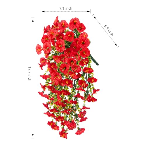 Ivydale 2 PCS Artificial Hanging Flowers Fake Plants Outdoor,Silk Morning Glory Faux Flowers with Eucalyptus Leaves,UV Resistant Realistic Hanging Petunias Plants for Home Garden Decor (Red) - color: Red
