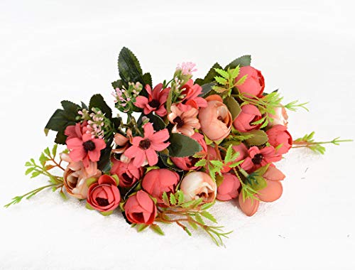 TKAS Artificial Flowers Fake Flowers Silk Rose Bouquets Decoration with Ceramics Vase for Table Home Office Wedding (Red Bud) - color: Red Bud