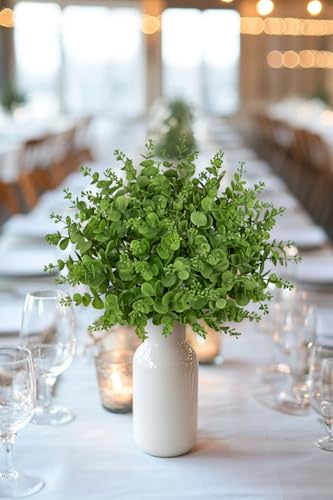 GnFlus Artificial 5Pcs Faux Eucalyptus Leaves Stems Fake Plants Sharp UV Resistant Faux Plastic Boxwood for Wedding Kitchen Office Garden Porch Farmhouse Window Box Home Decor - color: Green Eucalyptus