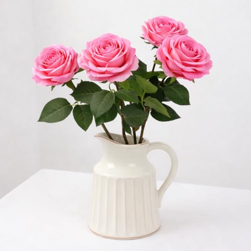 Artificial Rose Flowers, 4Pcs Real Touch Long Stem Faux Roses, Lifelike Latex Roses for Wedding Bouquet, Table Centerpiece, Home Decor, DIY Floral Arrangement, Pink - color: Pink