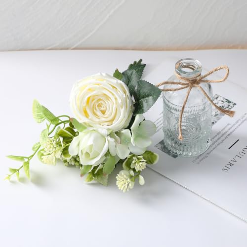 AFRITEE Faux White Silk Flower Arrangements - Centerpiece Table White Rose Flower Bouquet in Small Vase Set for Home Indoor Dining Room Wedding Centerpieces Coffee Table Decor - color: White Bouquet+relief Vase