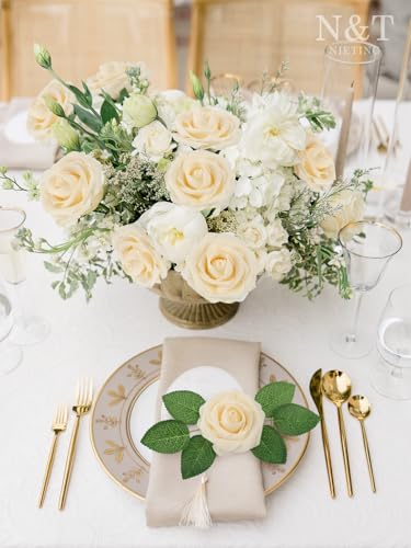 N&T NIETING Artificial Flowers, 50pcs Real Touch Fake Flowers Foam Roses for DIY Wedding Bridal Bouquet Baby Shower Party Cake Wall Tables Decoration, Cream - color: Cream, size: 50pcs